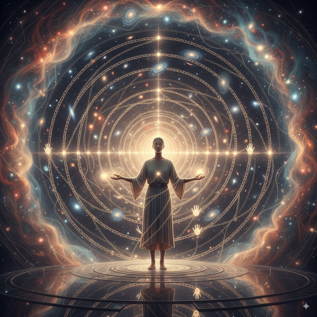 Human figure at the center of swirling layers of universes, symbolic representation of determinism and free will